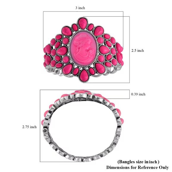 Fuchsia Howlite and Cameo Bangle Bracelet in Silvertone (7") 26.00 ctw - Picture 2 of 3